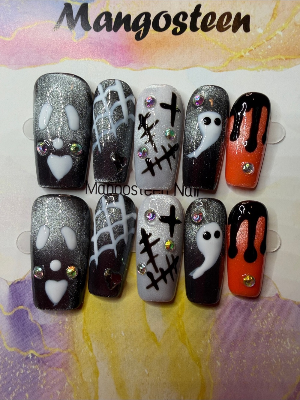 Halloween Ghost & Drip Press-On Nail Set — Black, Silver, White, Orange